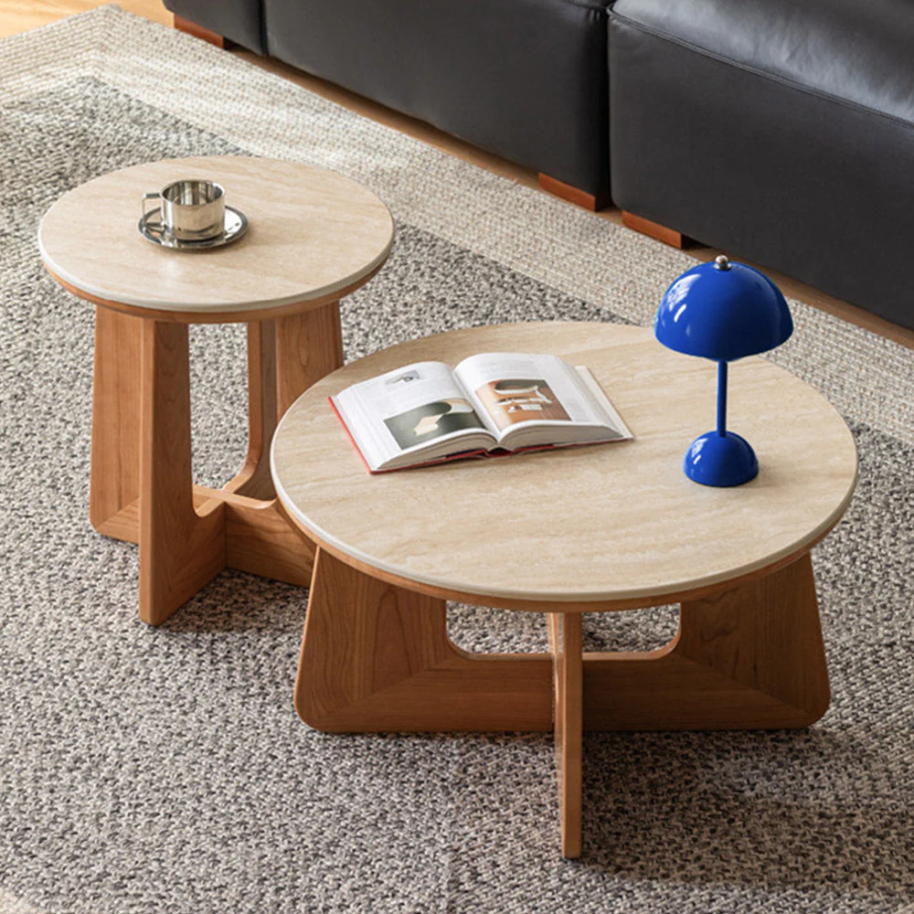 Anela Natural Solid Cherry Coffee Table with Travertine Top - Image 3