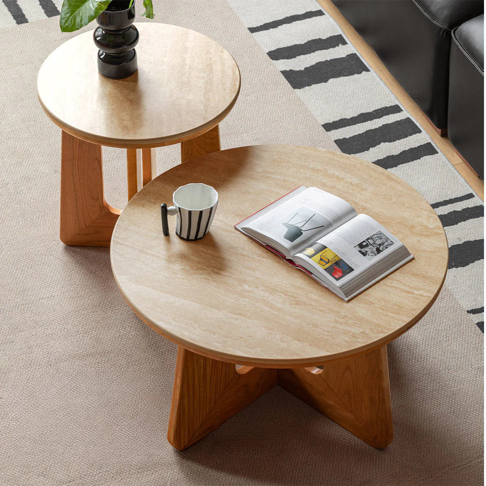 Anela Natural Solid Cherry Coffee Table with Travertine Top - Image 5