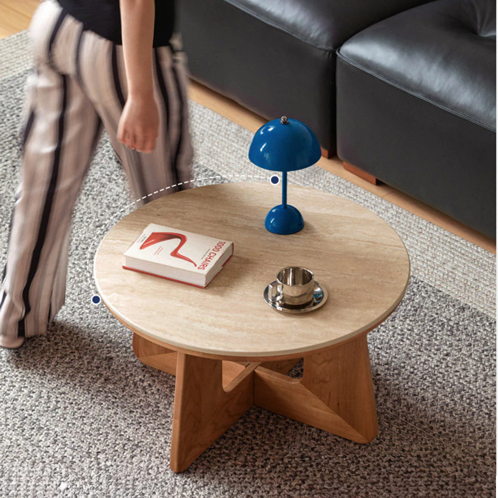 Anela Natural Solid Cherry Coffee Table with Travertine Top - Image 6