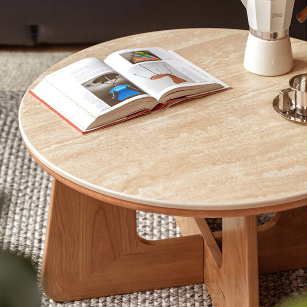 Anela Natural Solid Cherry Coffee Table with Travertine Top - Image 8