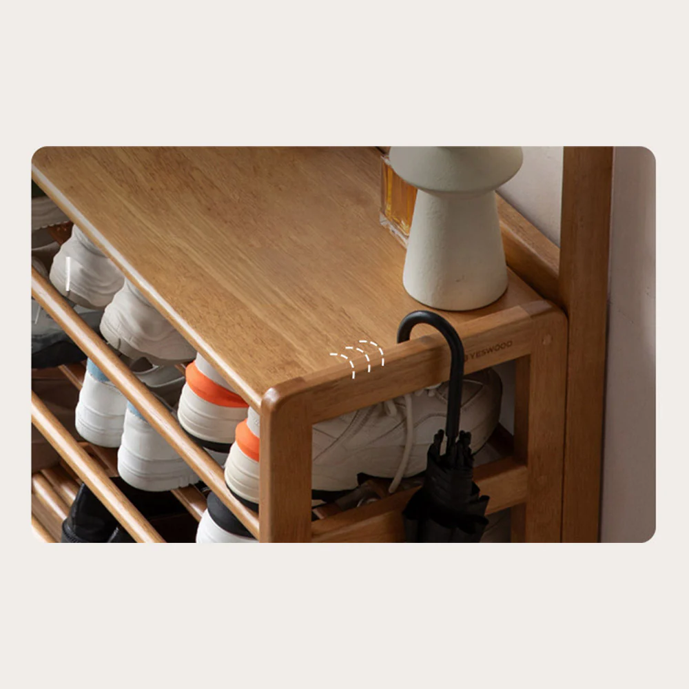 Avola Natural Solid Rubber Wood Shoe Rack with Hooks - Image 11