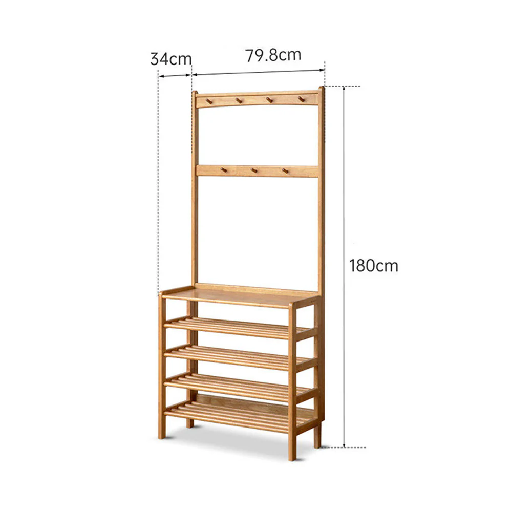 Avola Natural Solid Rubber Wood Shoe Rack with Hooks - Image 13