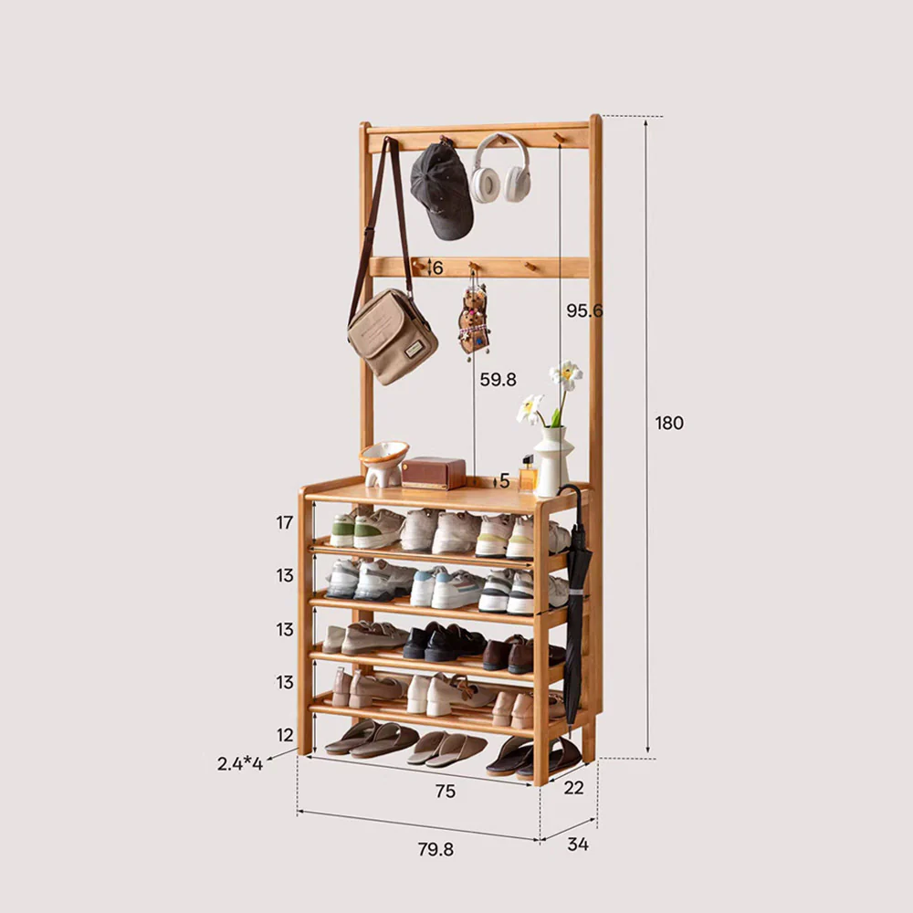Avola Natural Solid Rubber Wood Shoe Rack with Hooks - Image 14