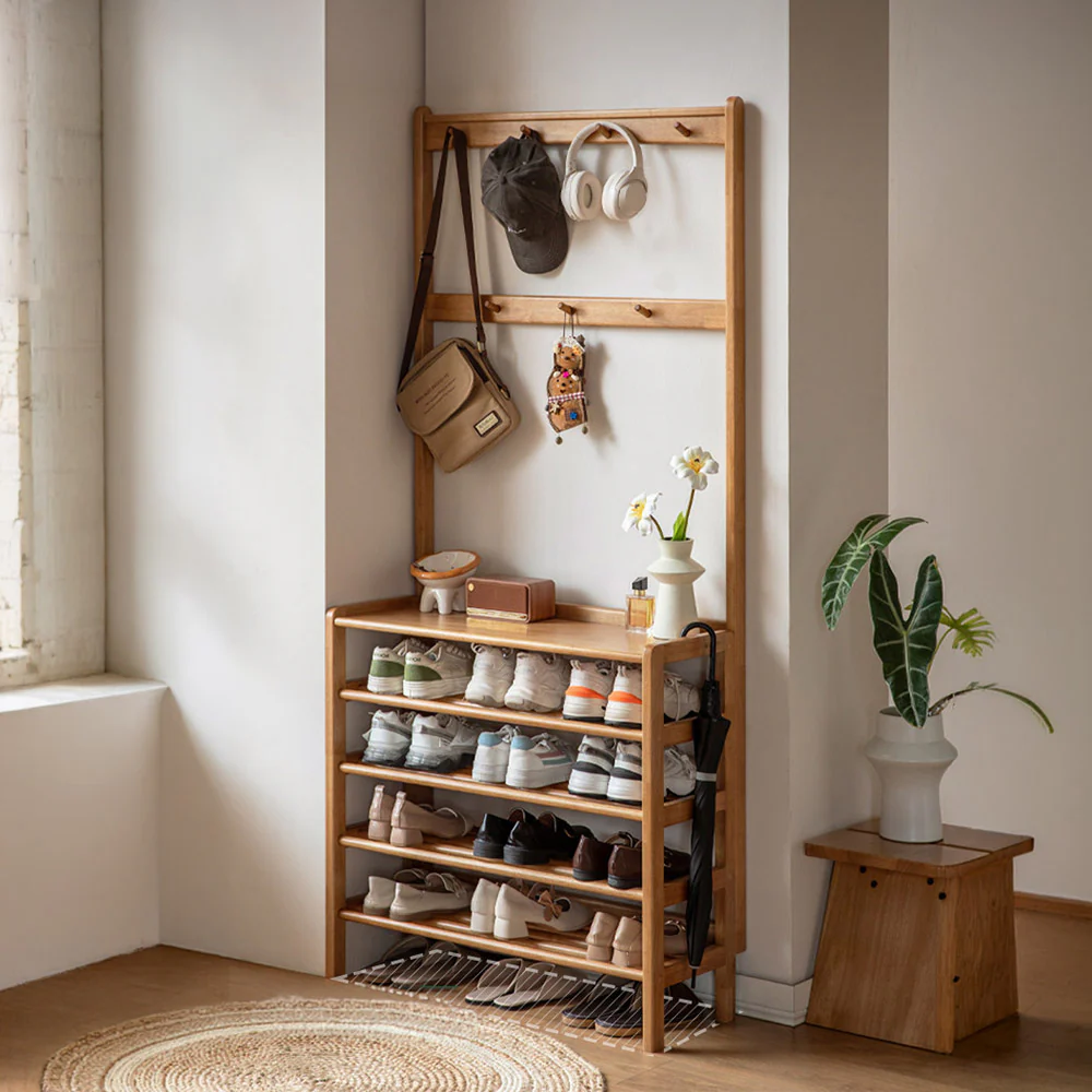 Avola Natural Solid Rubber Wood Shoe Rack with Hooks - Image 3
