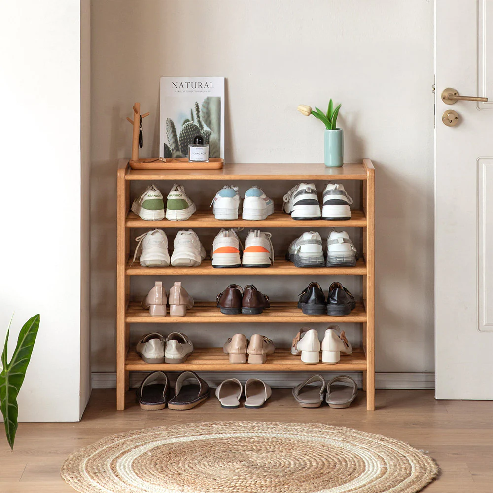 Avola Natural Solid Rubber Wood Shoe Rack with Hooks - Image 4