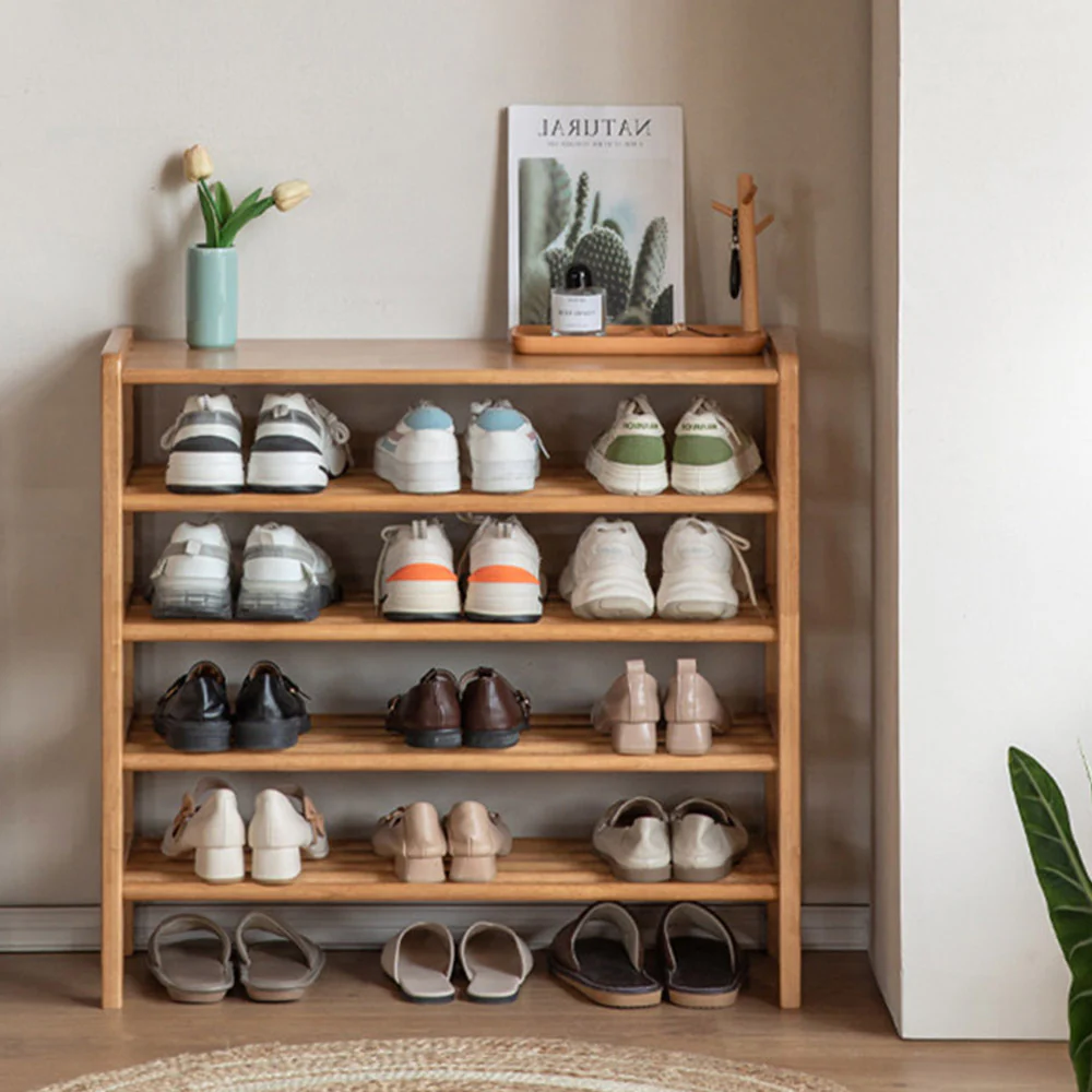 Avola Natural Solid Rubber Wood Shoe Rack with Hooks - Image 5