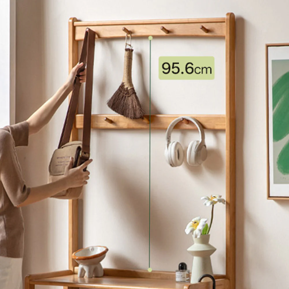 Avola Natural Solid Rubber Wood Shoe Rack with Hooks - Image 6