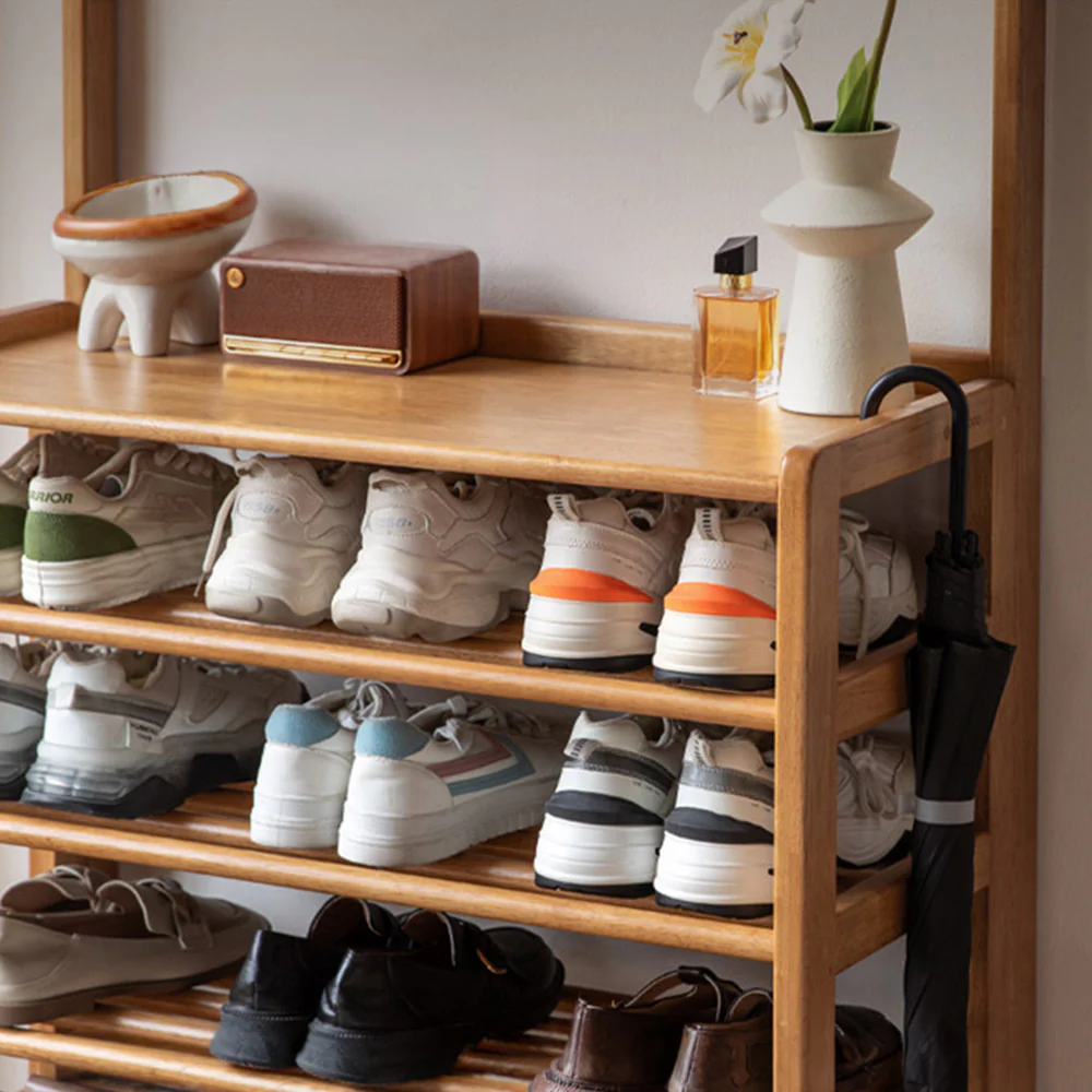 Avola Natural Solid Rubber Wood Shoe Rack with Hooks - Image 7