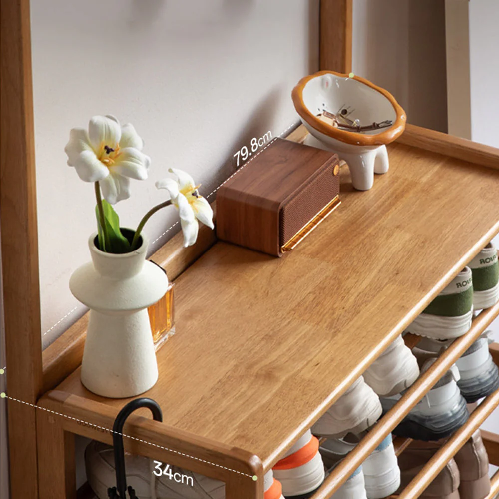 Avola Natural Solid Rubber Wood Shoe Rack with Hooks - Image 8