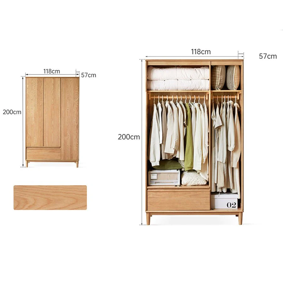 Dorno Solid Oak Wardrobe with Bottom Drawer - Image 4