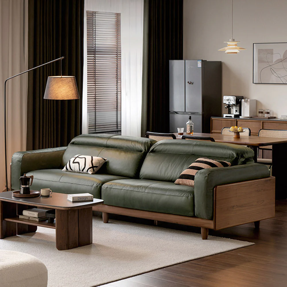 Hamburg Black Walnut Genuine Leather Sofa with Adjustable Headrest