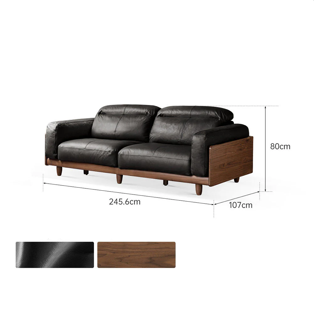 Hamburg Black Walnut Genuine Leather Sofa with Adjustable Headrest - Image 10