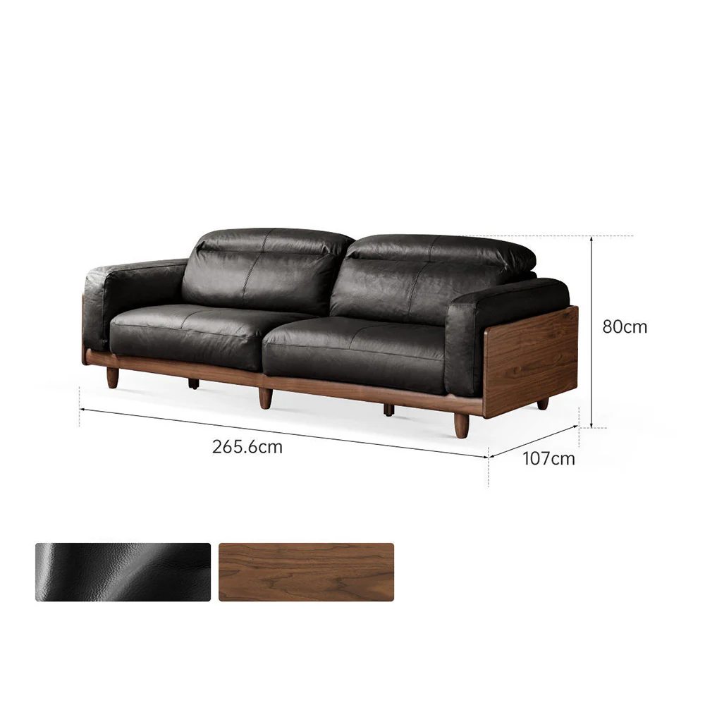 Hamburg Black Walnut Genuine Leather Sofa with Adjustable Headrest - Image 11