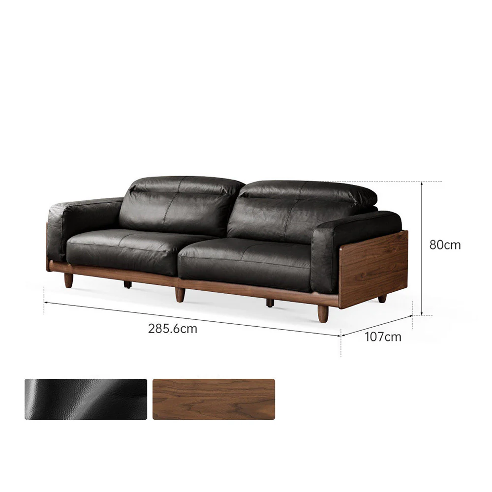 Hamburg Black Walnut Genuine Leather Sofa with Adjustable Headrest - Image 12