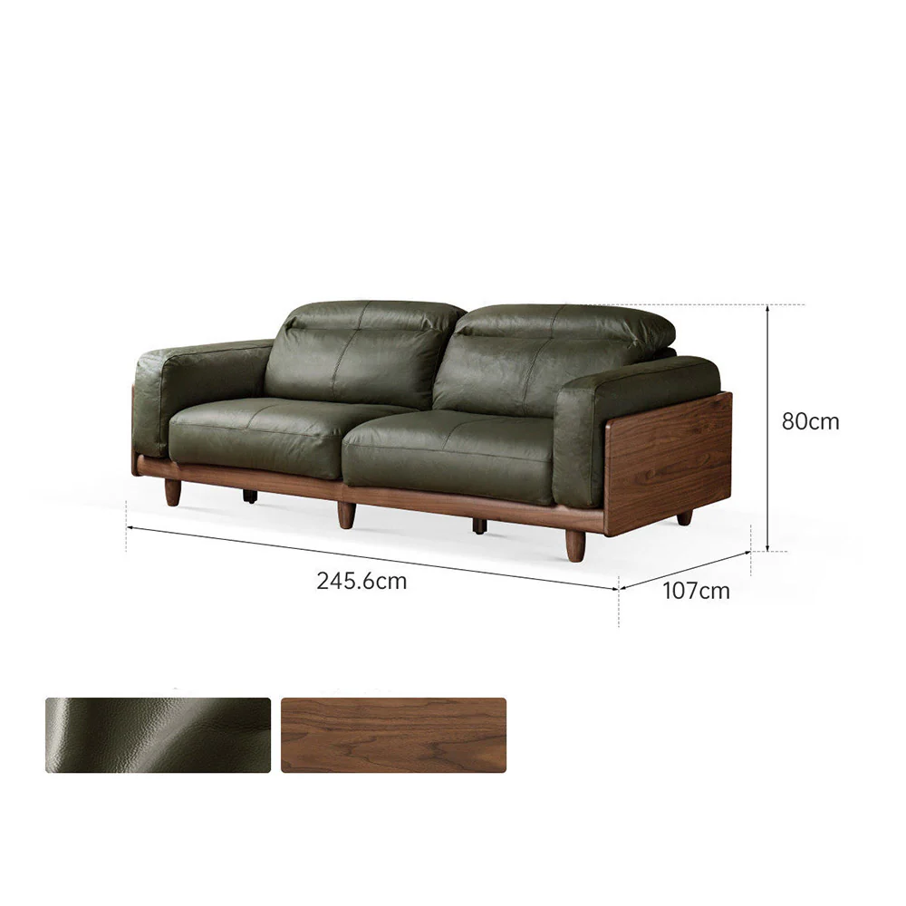 Hamburg Black Walnut Genuine Leather Sofa with Adjustable Headrest - Image 13