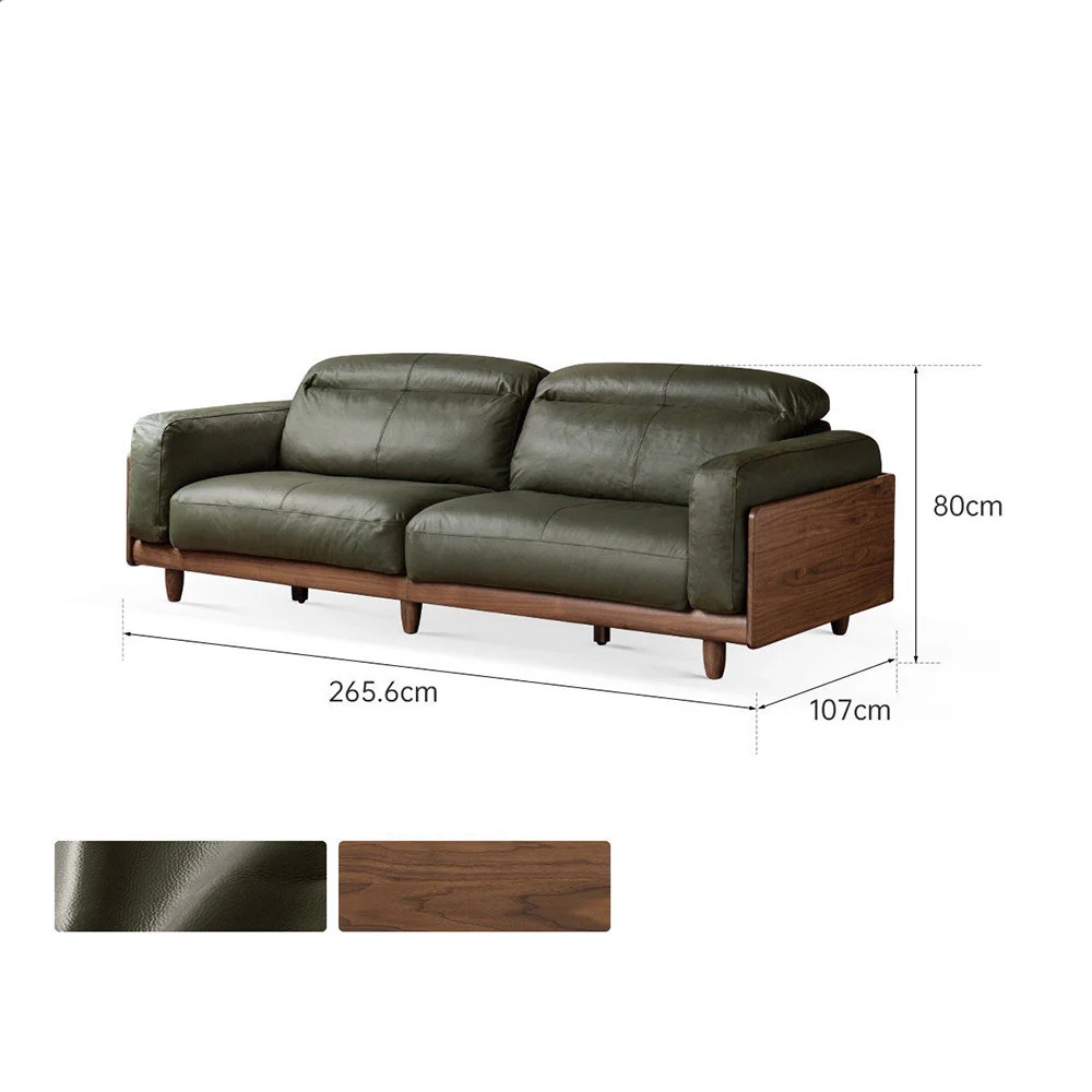 Hamburg Black Walnut Genuine Leather Sofa with Adjustable Headrest - Image 14
