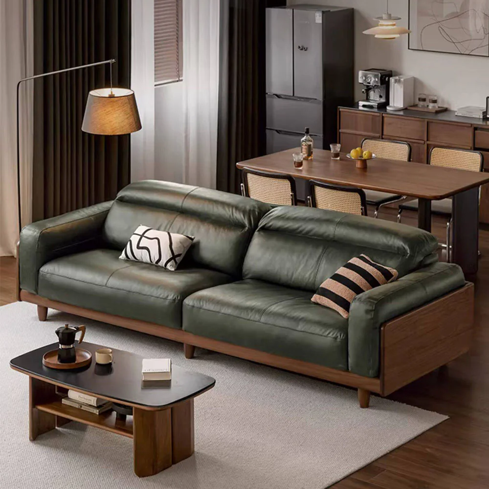 Hamburg Black Walnut Genuine Leather Sofa with Adjustable Headrest - Image 2