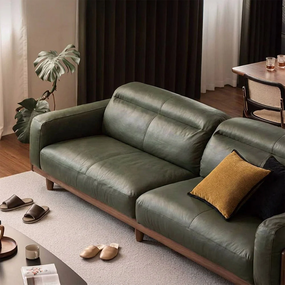 Hamburg Black Walnut Genuine Leather Sofa with Adjustable Headrest - Image 3