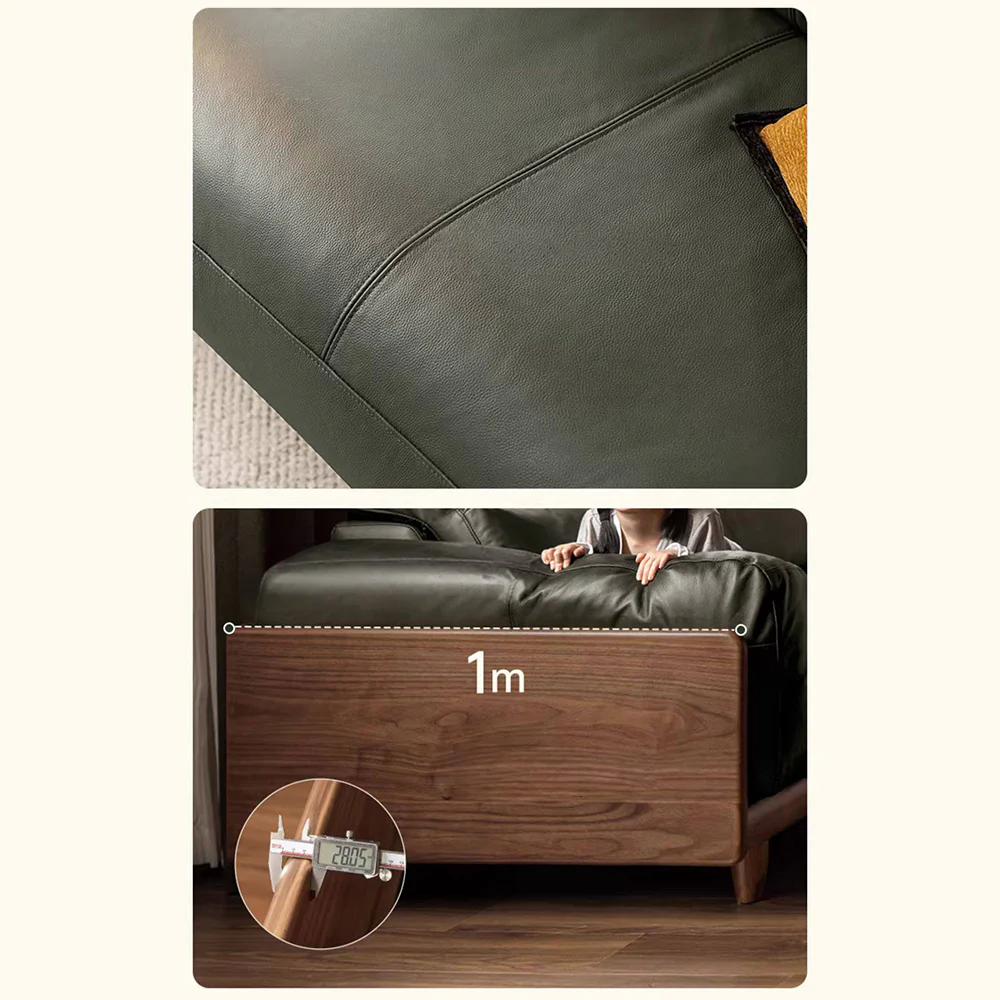 Hamburg Black Walnut Genuine Leather Sofa with Adjustable Headrest - Image 5