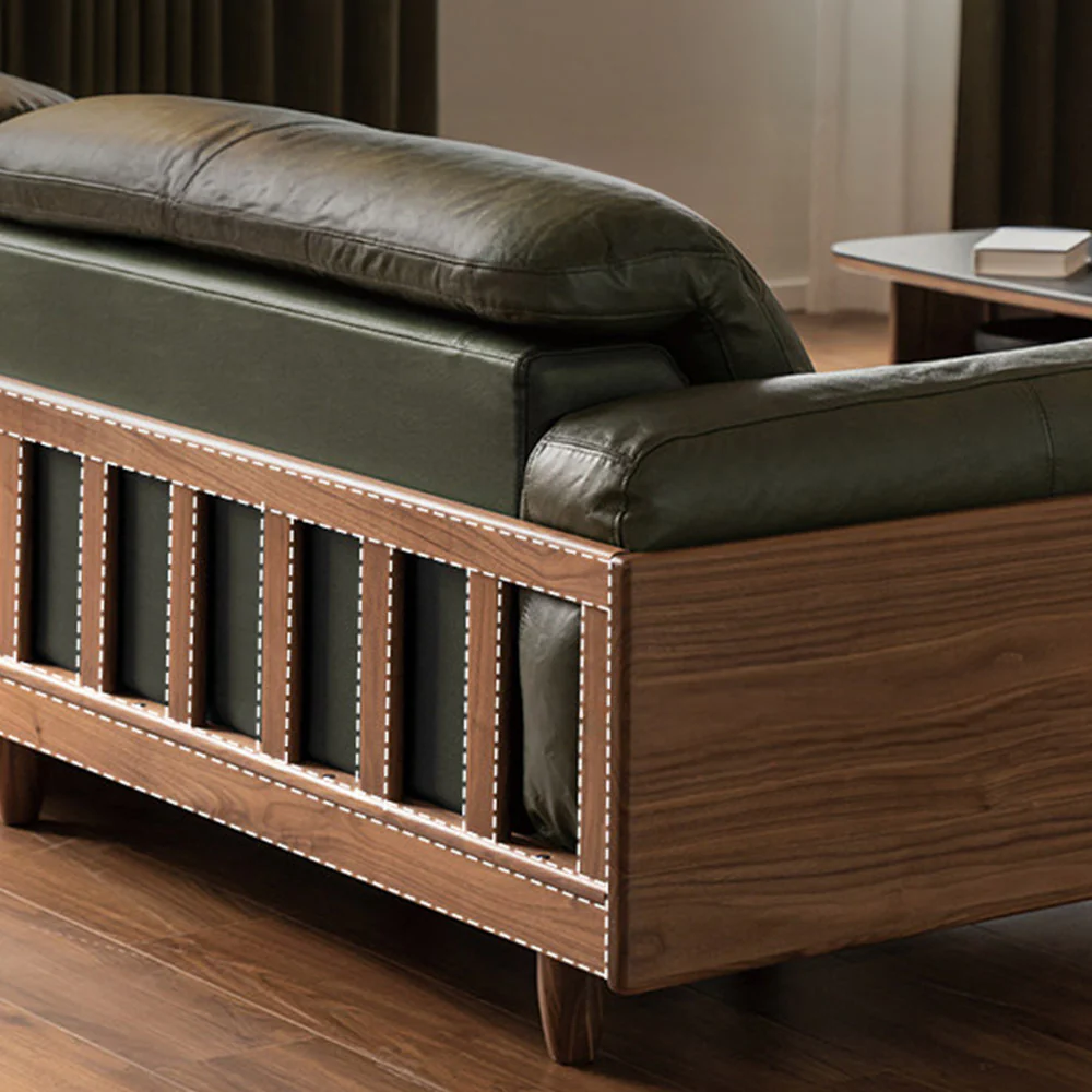 Hamburg Black Walnut Genuine Leather Sofa with Adjustable Headrest - Image 6