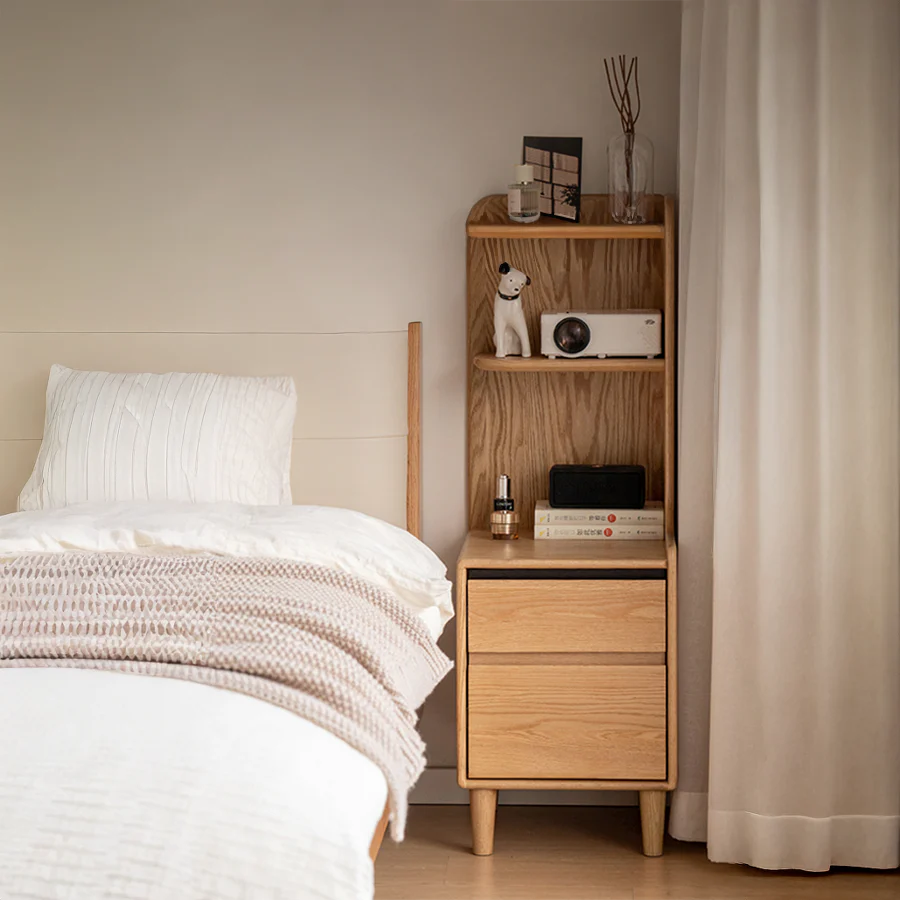 Lannion Natural Solid Oak Bedside Table with Hutch - Image 2