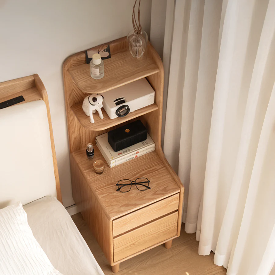 Lannion Natural Solid Oak Bedside Table with Hutch - Image 4