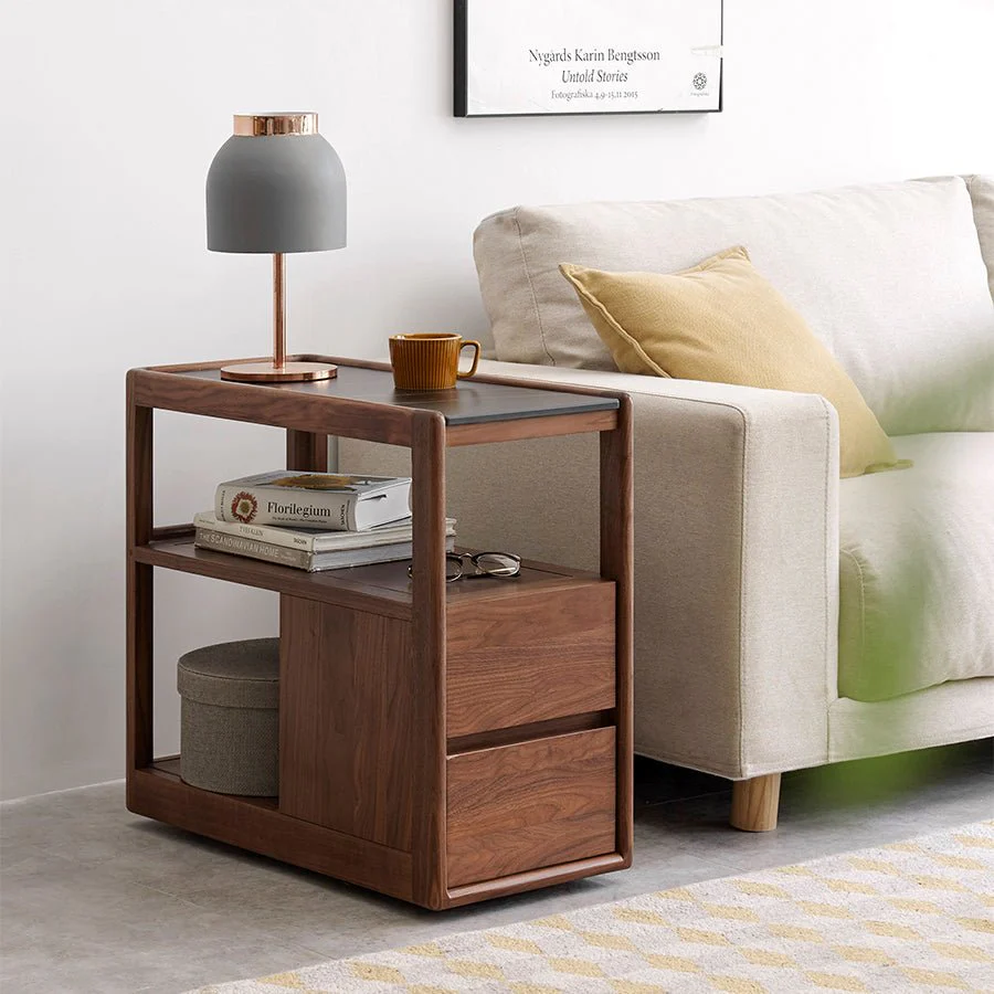 Lisbon Solid Walnut Movable Side Table with Ceramic Top