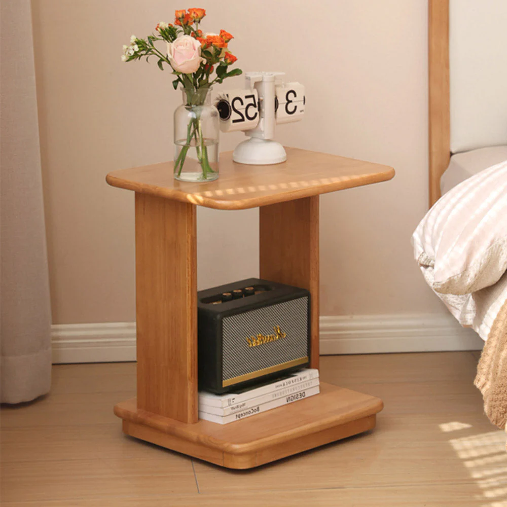Mantinos Solid Rubber Wood C-Shape Side Table with Caster Wheels