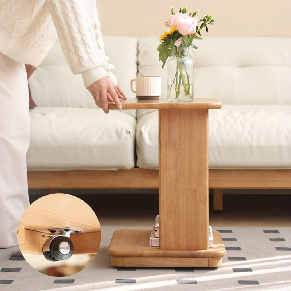 Mantinos Solid Rubber Wood C-Shape Side Table with Caster Wheels - Image 3