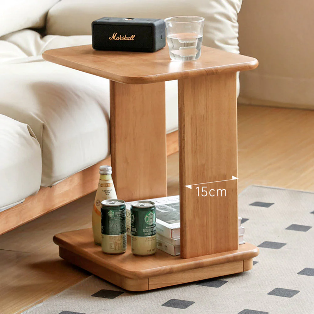 Mantinos Solid Rubber Wood C-Shape Side Table with Caster Wheels - Image 4