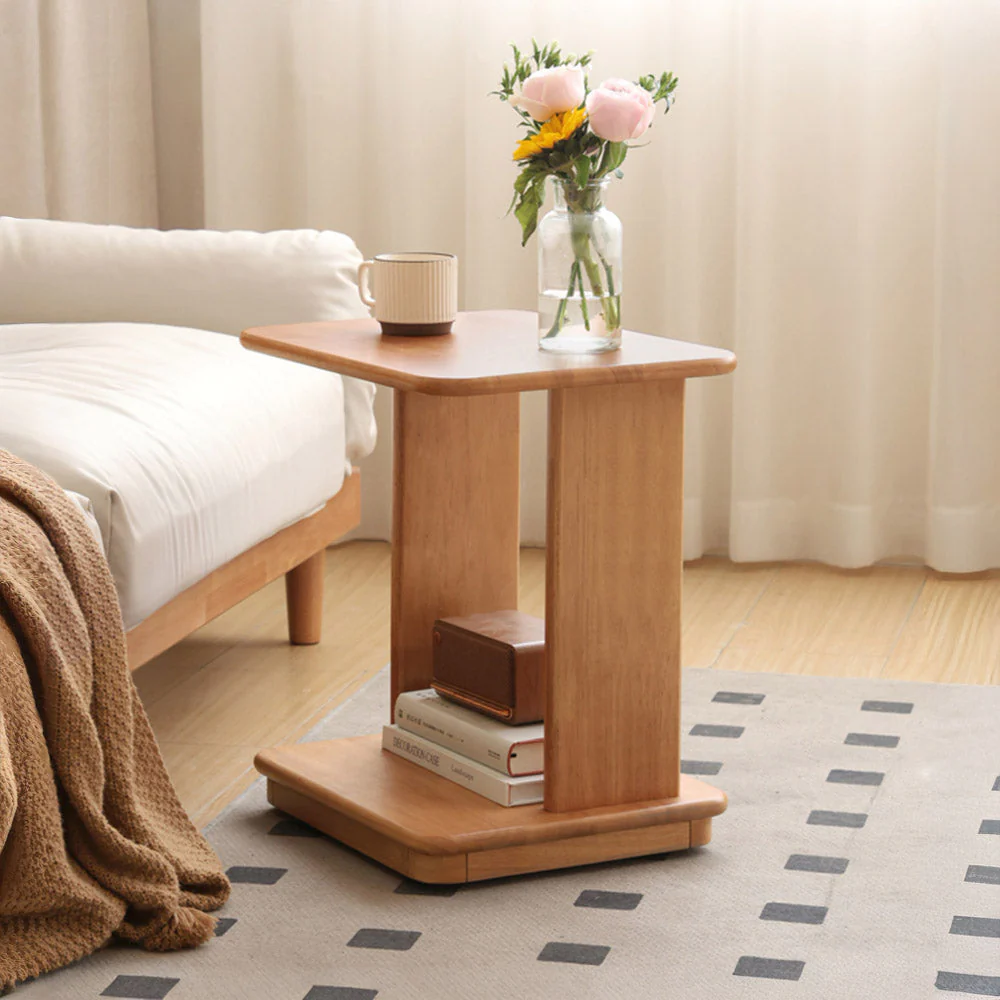 Mantinos Solid Rubber Wood C-Shape Side Table with Caster Wheels - Image 5