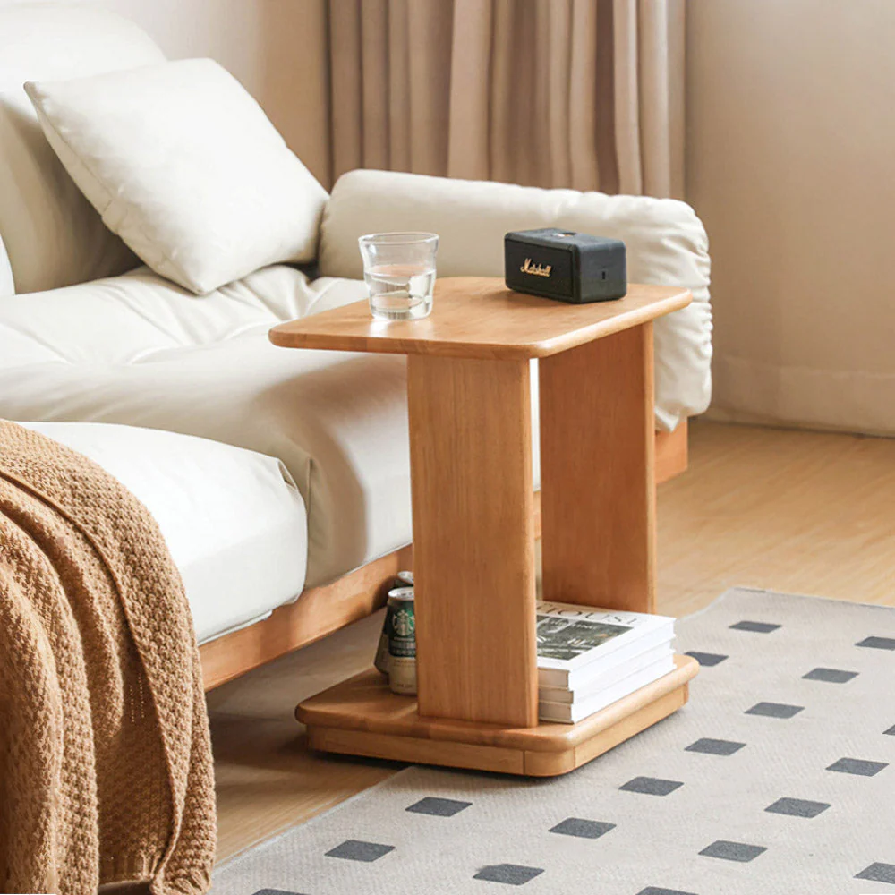 Mantinos Solid Rubber Wood C-Shape Side Table with Caster Wheels - Image 6