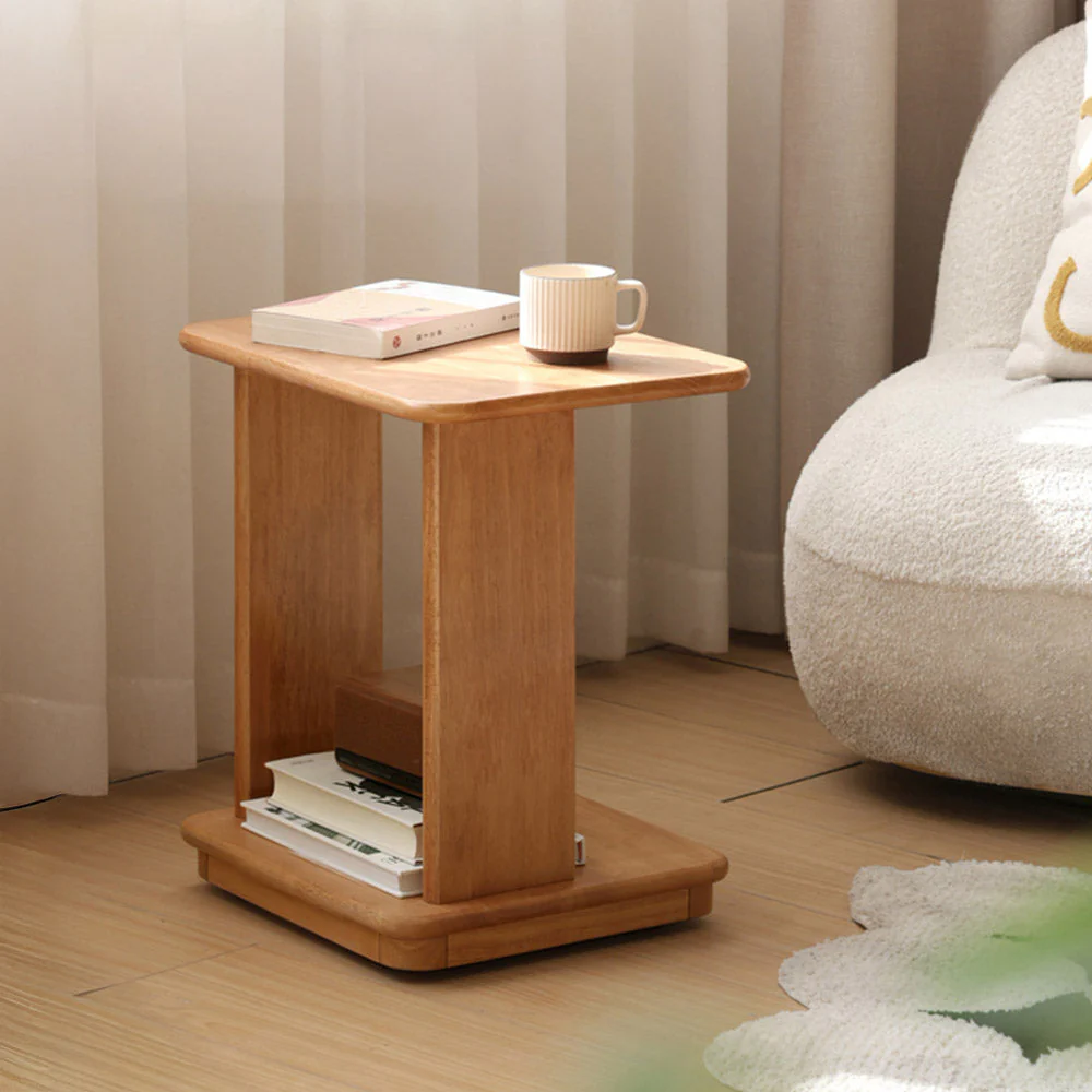 Mantinos Solid Rubber Wood C-Shape Side Table with Caster Wheels - Image 7