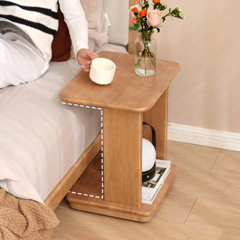 Mantinos Solid Rubber Wood C-Shape Side Table with Caster Wheels - Image 8