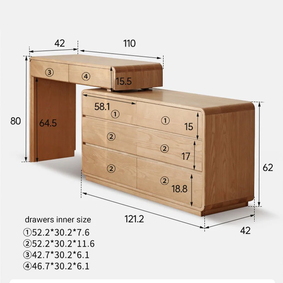Millburn Solid Ash Extending Turning Dressing Table with Chest of Drawers - Image 13