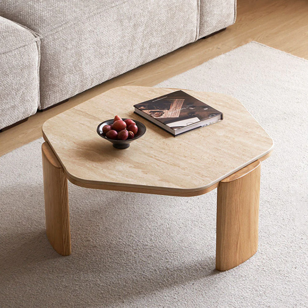 Millis Natural Solid Ash Coffee Table with Travertine Top - Image 3