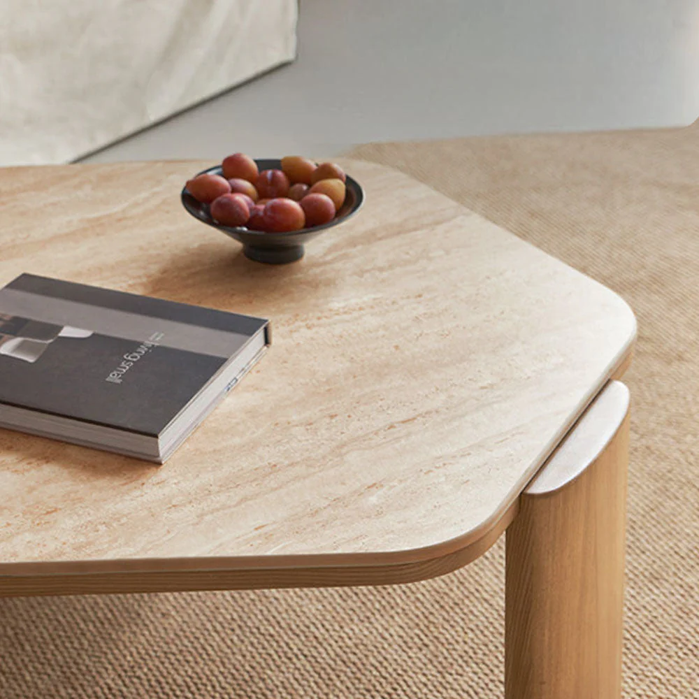Millis Natural Solid Ash Coffee Table with Travertine Top - Image 4