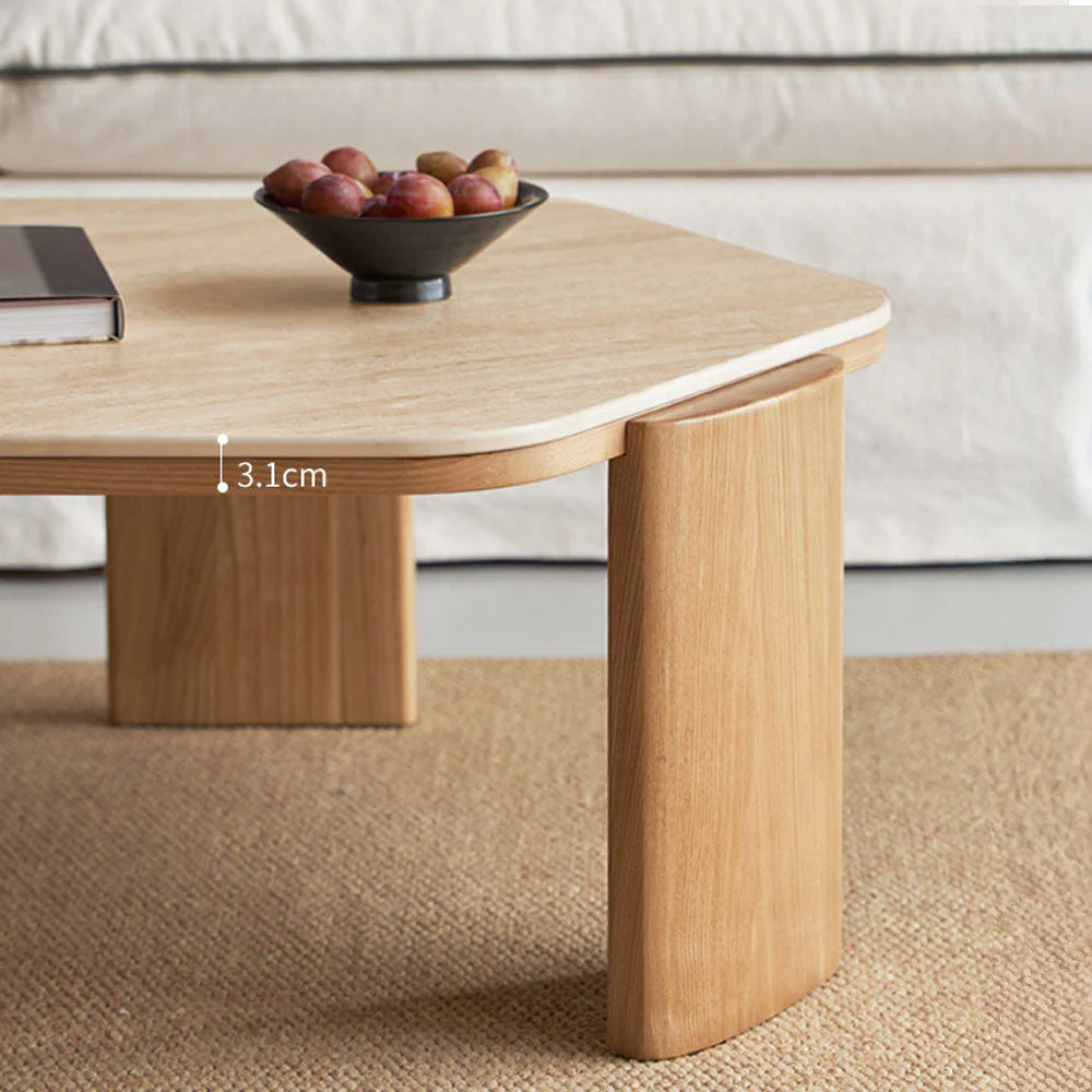Millis Natural Solid Ash Coffee Table with Travertine Top - Image 5