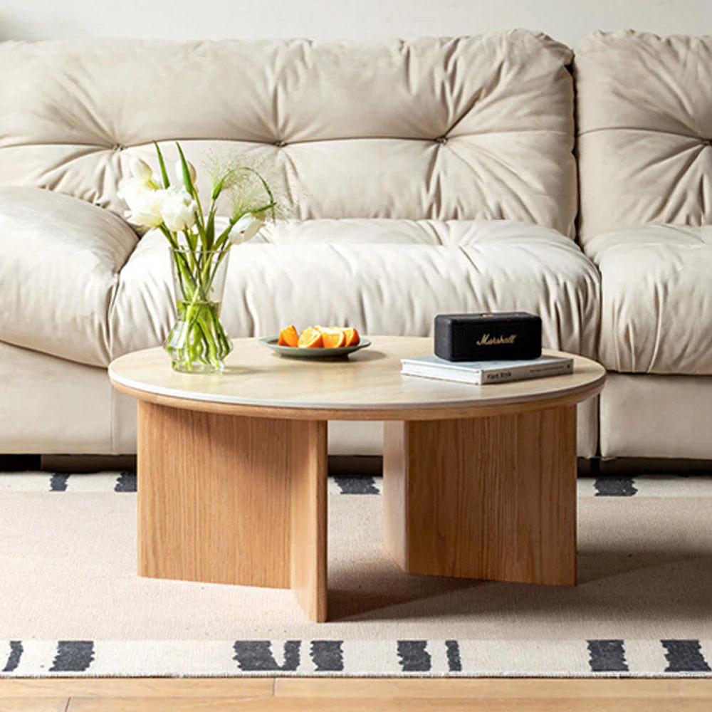 Mirto Natural Solid Oak Coffee Table with Travertine Top - Image 2