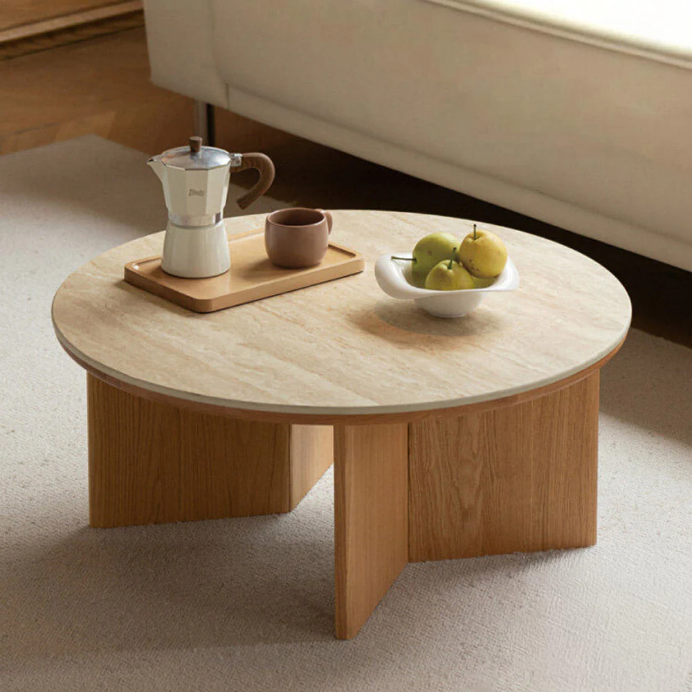 Mirto Natural Solid Oak Coffee Table with Travertine Top - Image 3