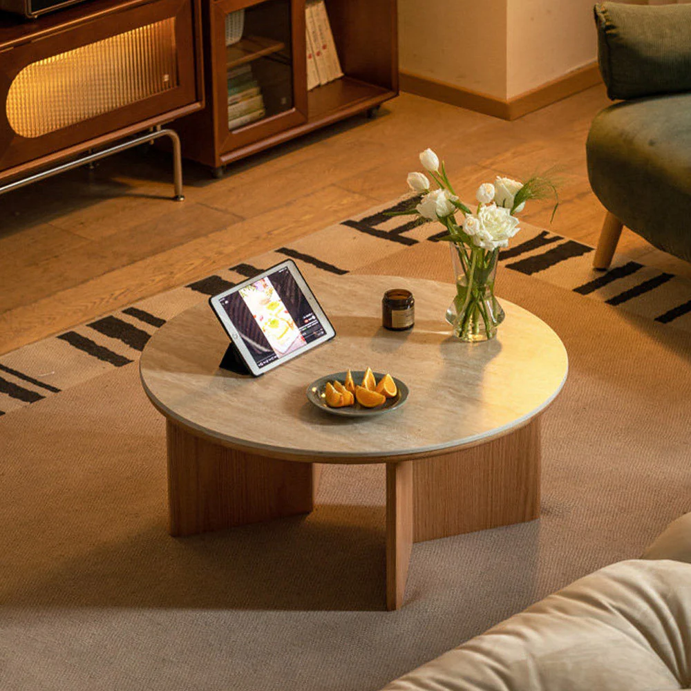 Mirto Natural Solid Oak Coffee Table with Travertine Top - Image 4
