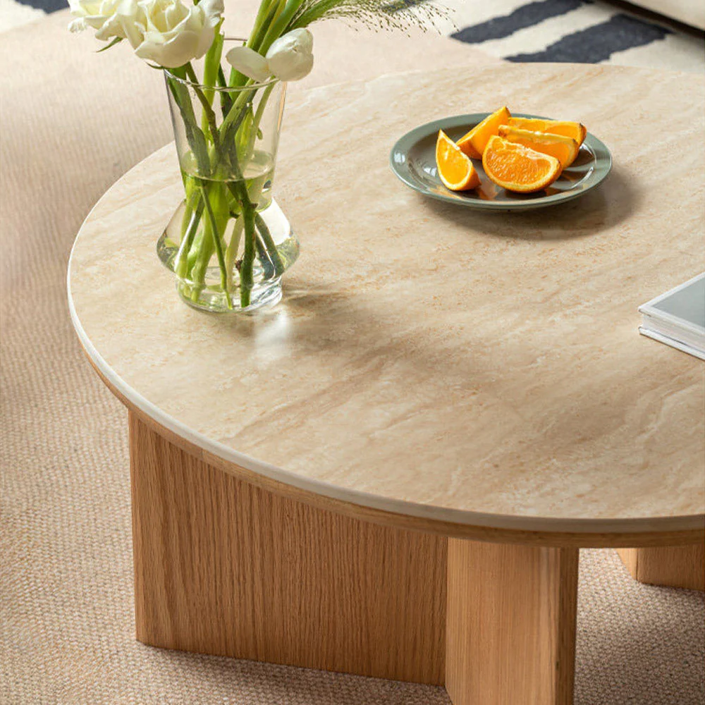 Mirto Natural Solid Oak Coffee Table with Travertine Top - Image 6