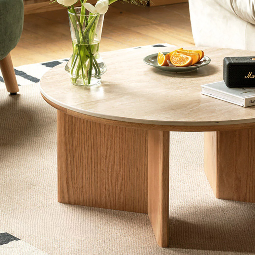 Mirto Natural Solid Oak Coffee Table with Travertine Top - Image 7