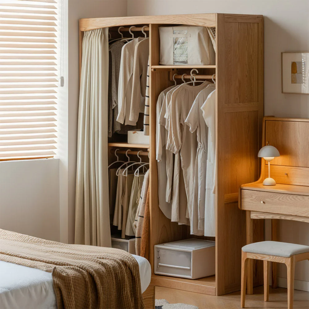 Naila Natural Solid Oak Wardrobe with Curtain - Image 6
